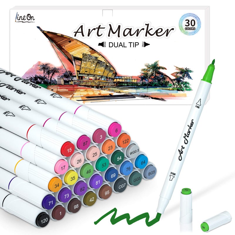 Lineon Dual Tip Alcohol Based Art Markers, Lineon 30 Colors Alcohol Marker Pens Perfect for Kids Adult Coloring Books Sketching and Card Making - Image 1